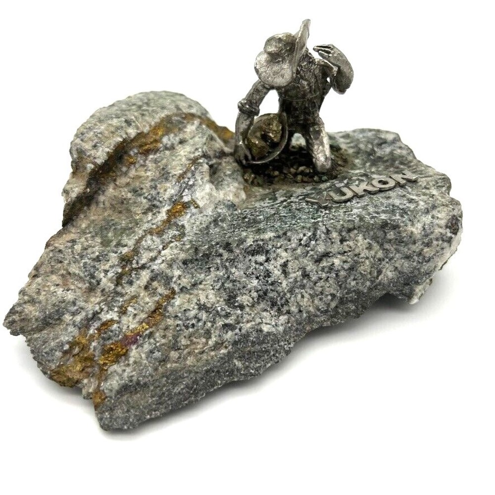 YUKON Creation Yukonnaise Man Panning for Gold Statue on a Slab of Rock